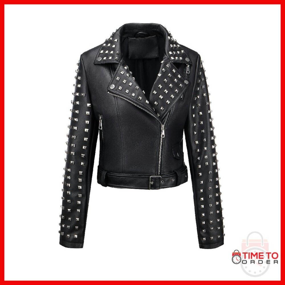 Women's Faux Leather Moto Jacket Studded Rivet Biker Style